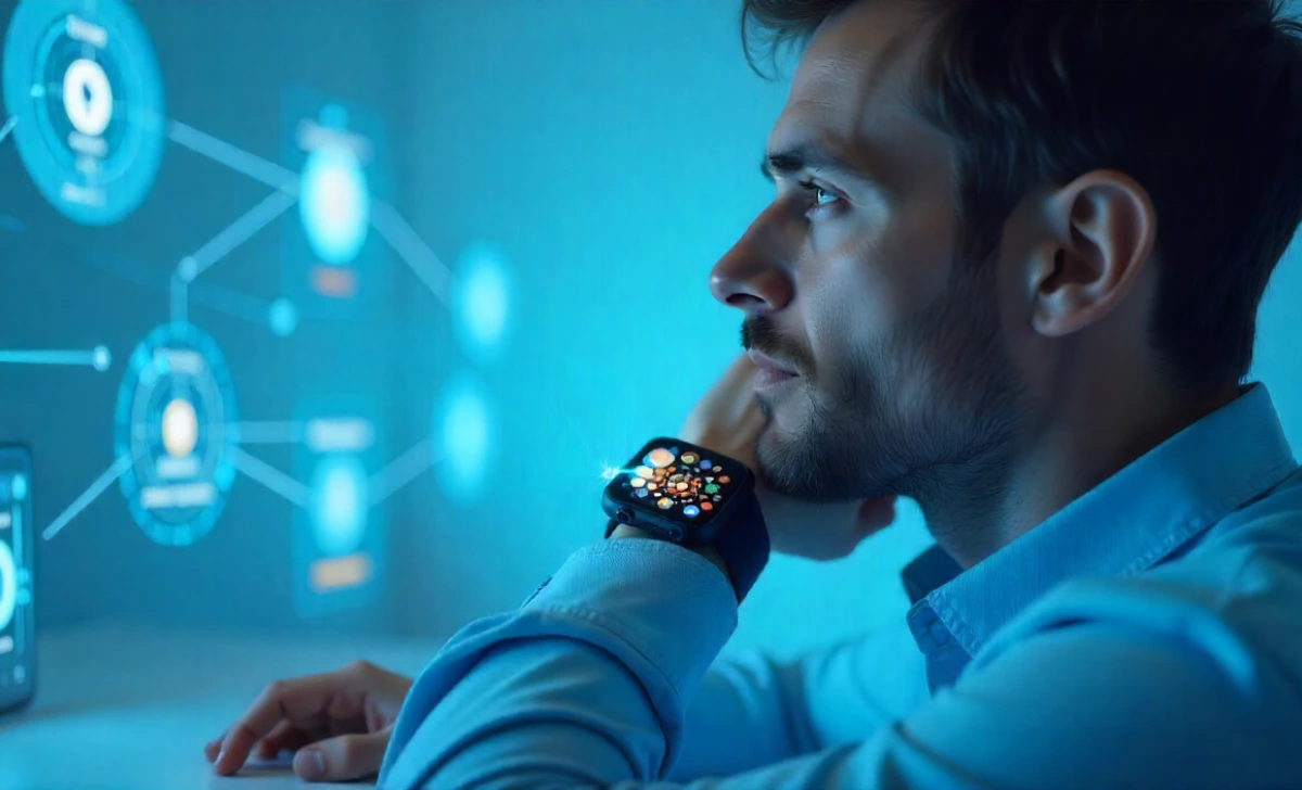 Flat-lay illustration of AI-powered tools like smartphone apps, smart speaker, laptop, and smartwatch connected for everyday use.