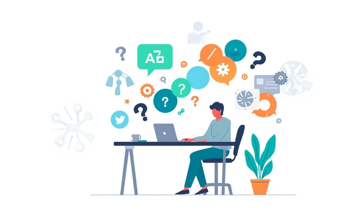 Person at desk with laptop, surrounded by AI icons and question marks, symbolising common AI FAQs