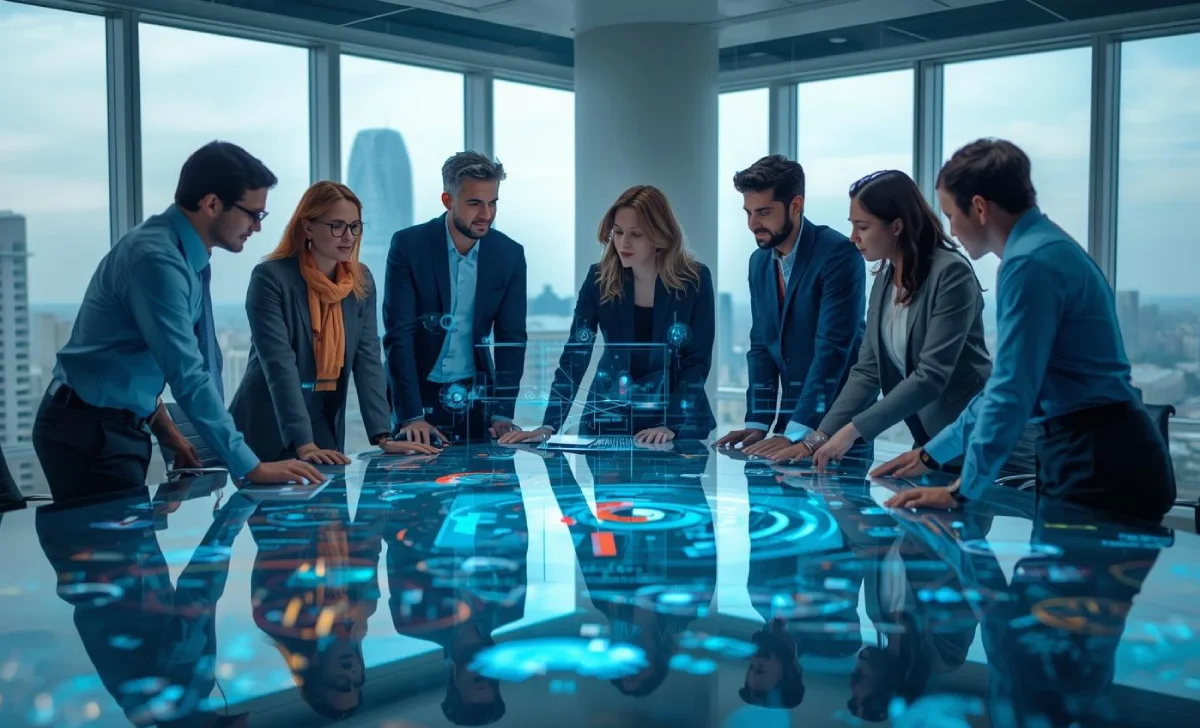 Business team analysing AI software case studies with digital dashboards and charts showing productivity success.