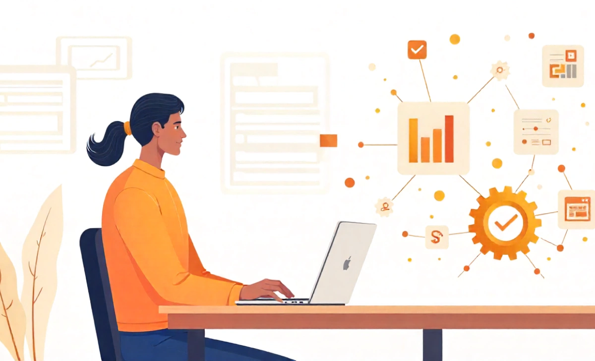 Person using AI software for productivity and automation, with floating icons of apps, charts, gears, and tasks around them.