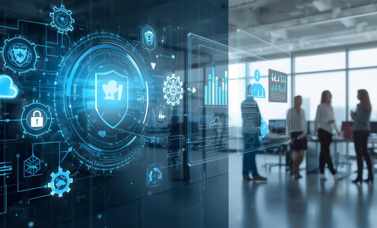 Business team deploying AI software with digital charts, security icons, and system integration visuals in a modern office.