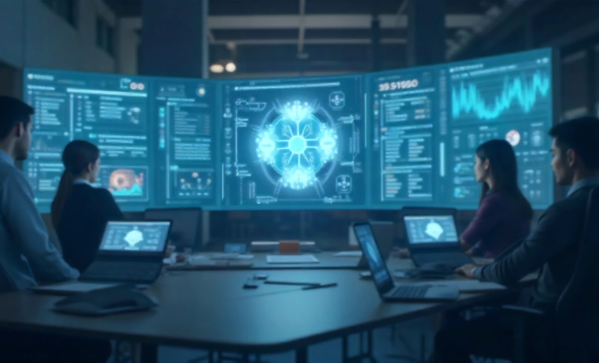 Team implementing AI software with dashboards, charts, and workflow icons on screens