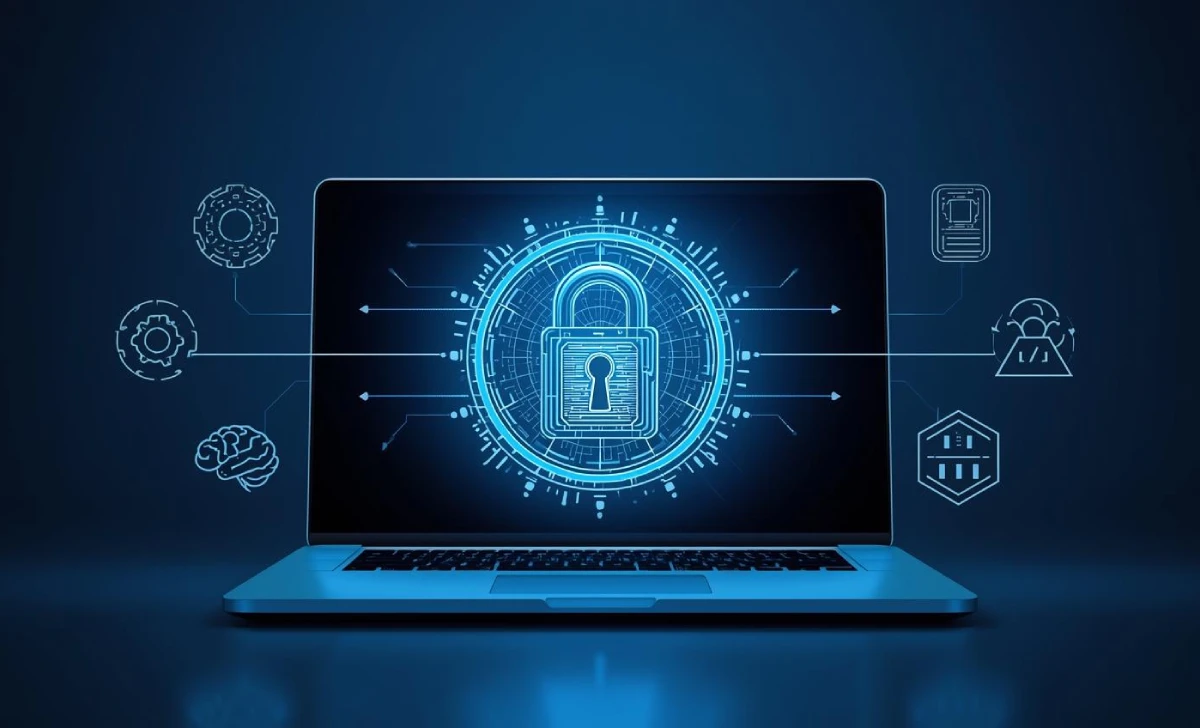 Futuristic digital lock and AI icons showing AI software security and data protection.