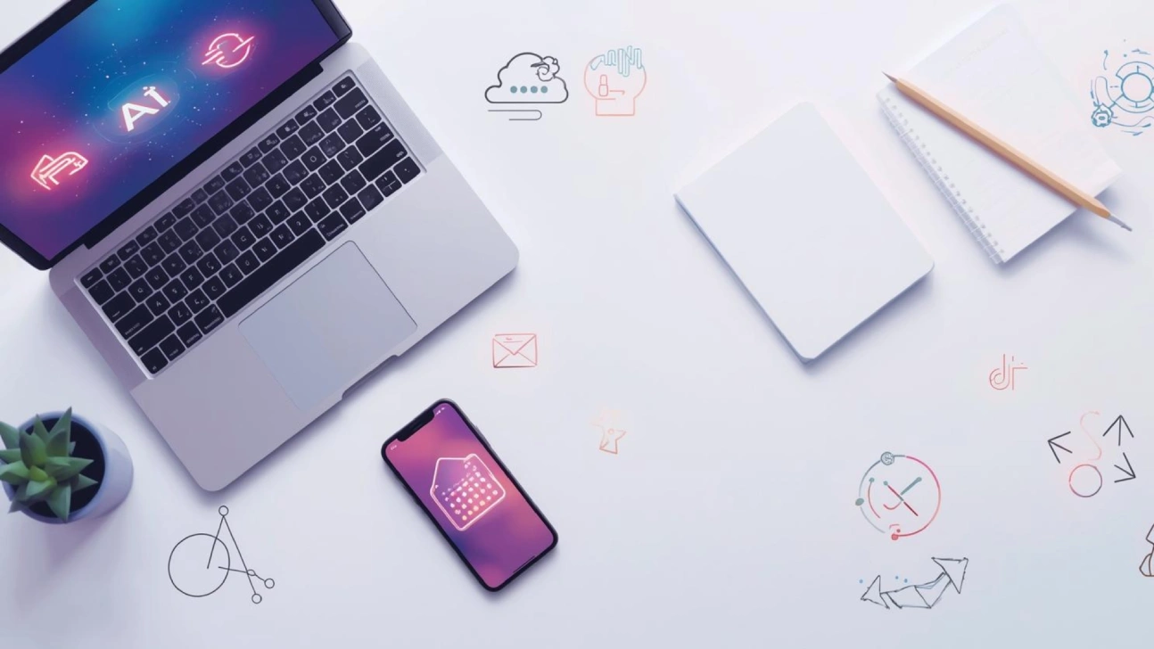 “Laptop, phone, and icons showing AI tools and workflows automating everyday tasks like email, calendar, and notes.”
