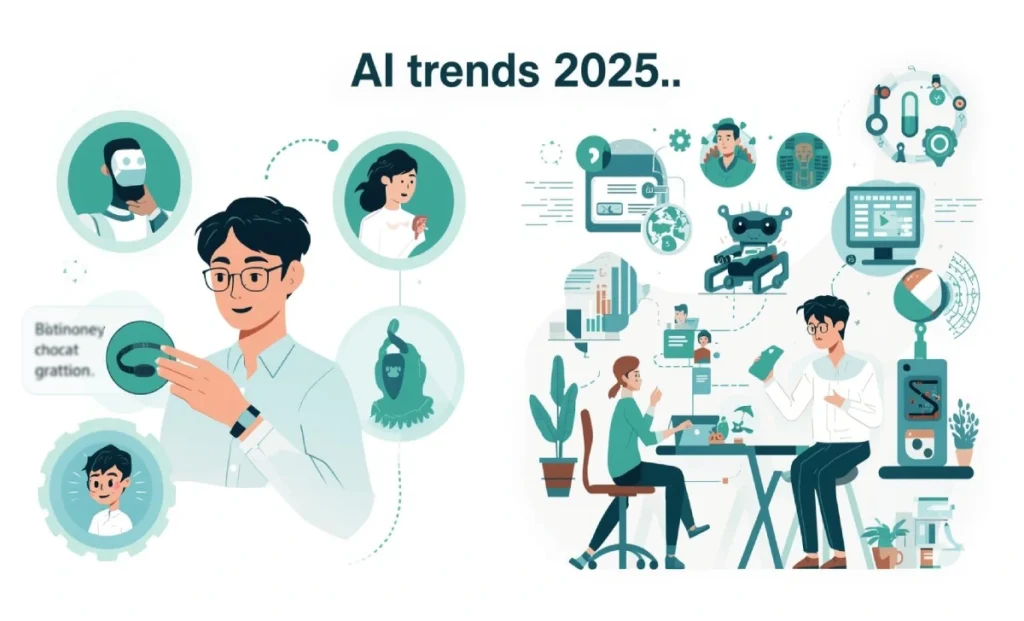 AI trends in 2025 with futuristic smart devices and people interacting