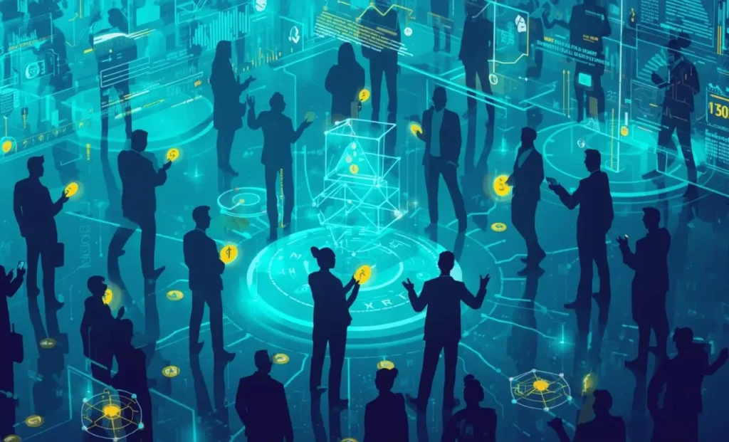 Illustration of blockchain governance showing on-chain and off-chain decision-making with community voting and decentralized networks.