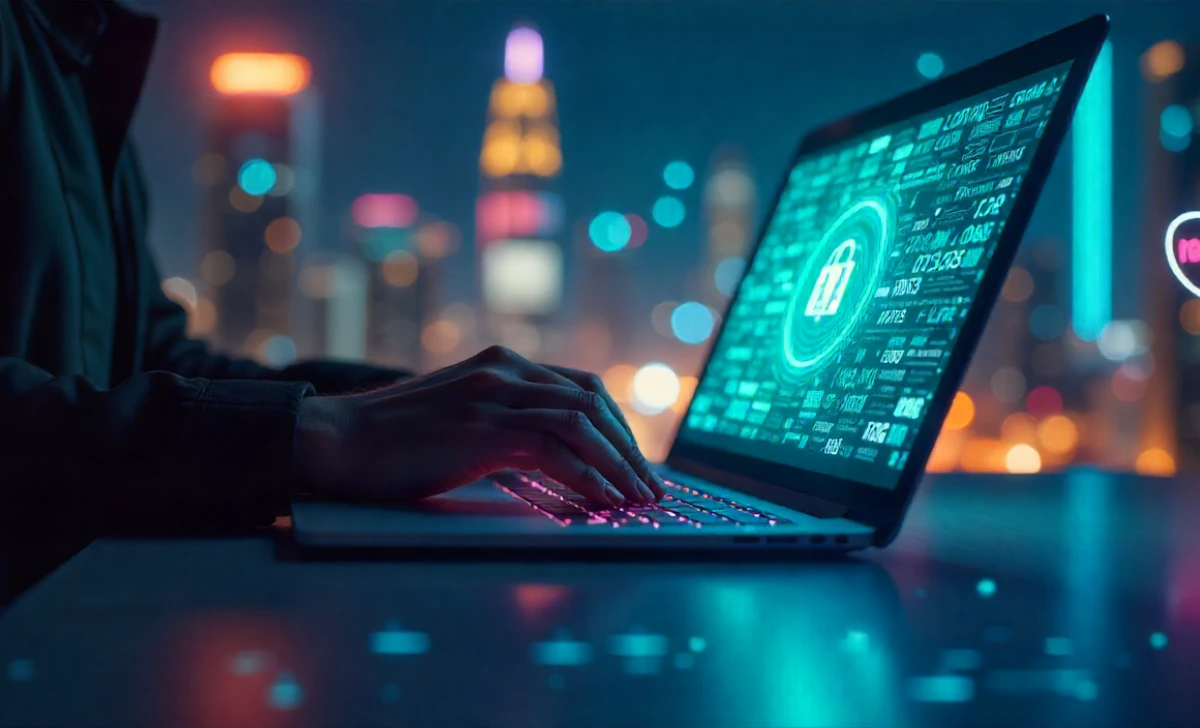Person using a laptop with glowing cybersecurity icons like shield, lock, fingerprint, 2FA code, and phishing alert for 2025 online safety.