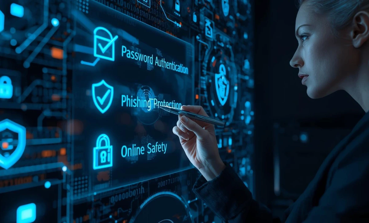 Futuristic digital checklist with cybersecurity icons like padlock, shield, and two-factor authentication glowing on a screen, representing online safety in 2025