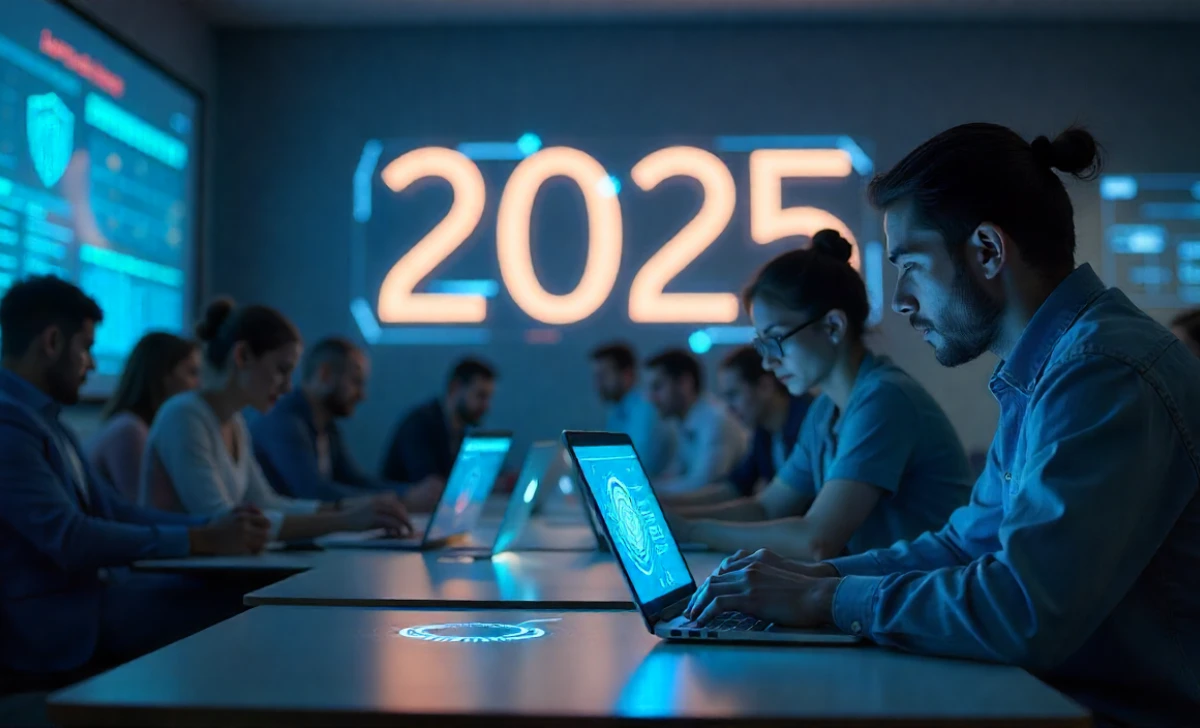 People learning cybersecurity skills in 2025 with laptops, shields, and digital locks for online safety.