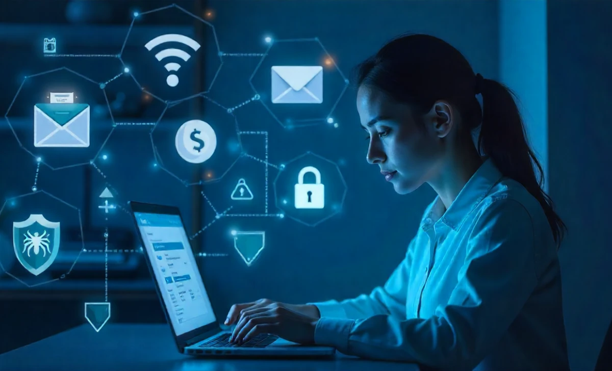 Person using a laptop with everyday cybersecurity risks like phishing, weak passwords, and malware, protected by shields and padlocks.