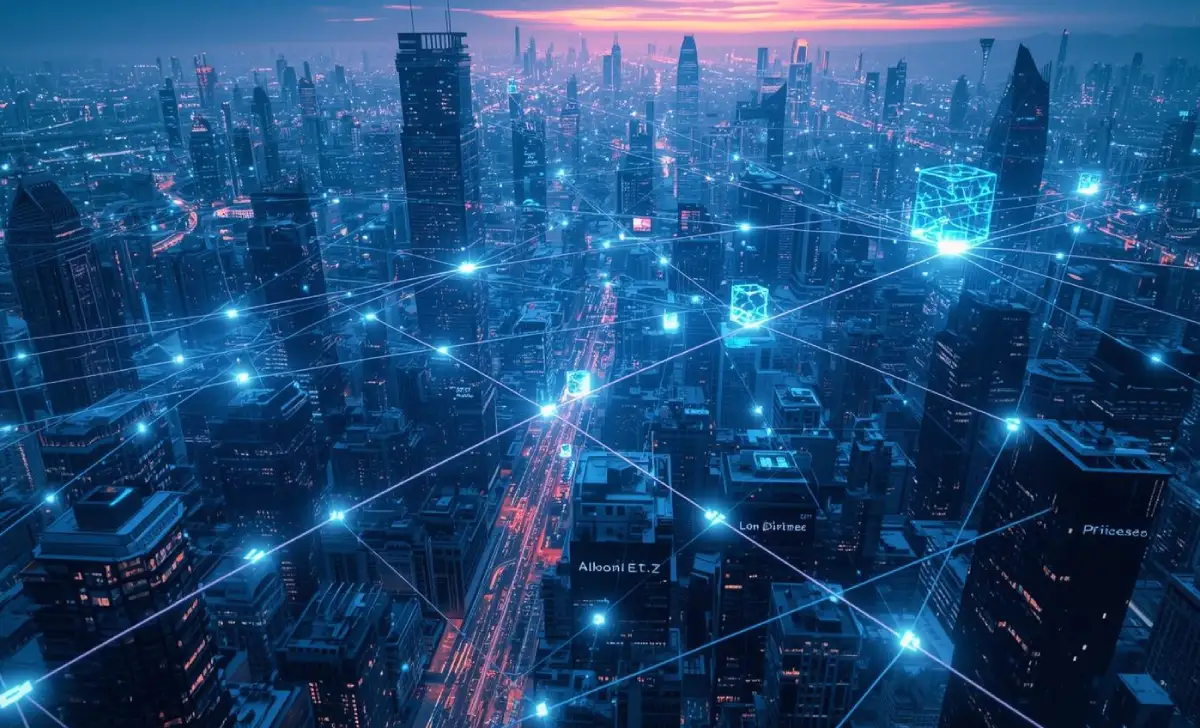Futuristic digital city with blockchain chains connecting industries, symbolizing the future of blockchain technology and its impact.
