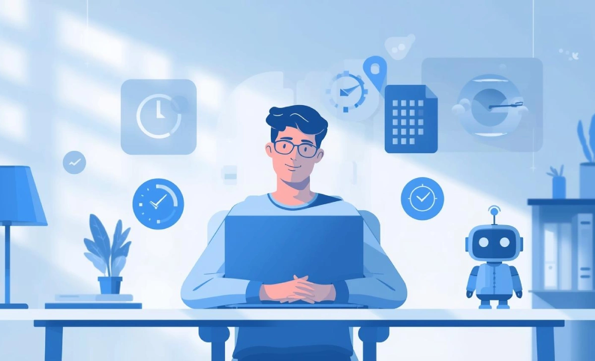 "Illustration of a person with glasses working on a laptop at a desk, surrounded by floating digital icons including clocks, buildings, charts, and a robot, representing modern digital workplace productivity"