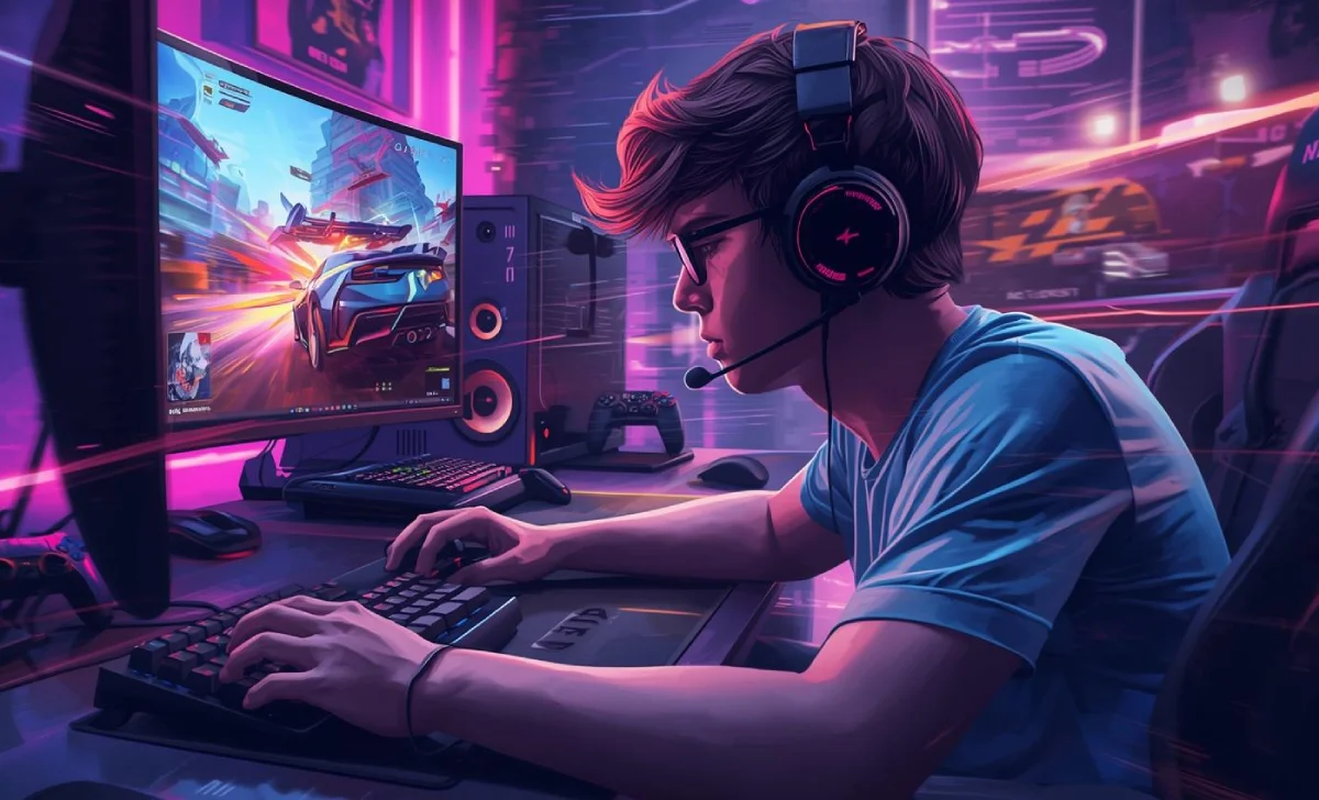 Gamer improving skills with modern PC and console setup, including keyboard, mouse, headset, and monitor
