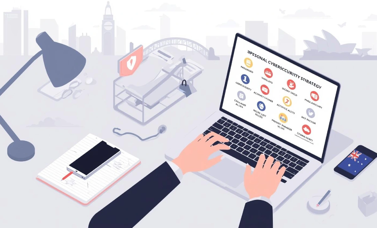 “Person at laptop viewing a 10-step personal cybersecurity checklist with icons for password, 2FA, backup and shield.