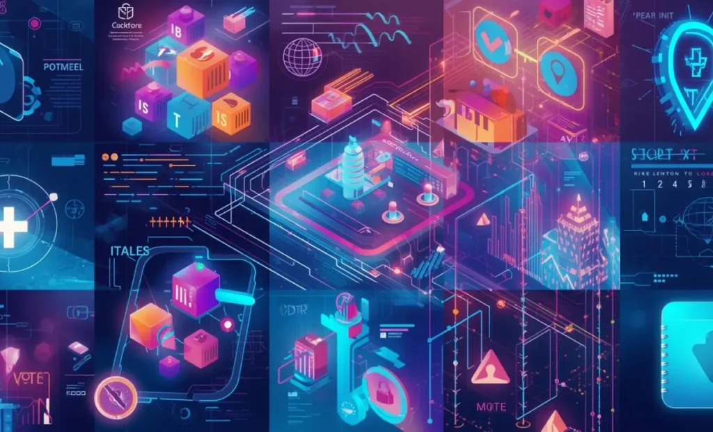 Digital illustration of blockchain applications in finance, healthcare, supply chains, and government connected by glowing chains and nodes.