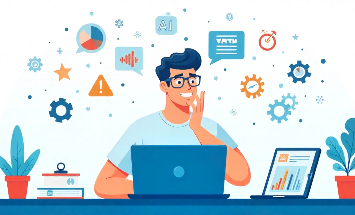 Person using AI software with floating icons, gears, charts, and warning symbols, illustrating common productivity and automation mistakes