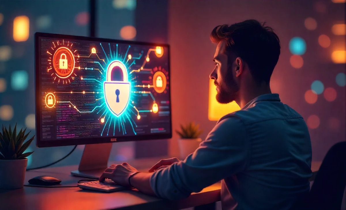 Illustration of Zero Trust Security with user authentication layers, shield, lock, and network segmentation for cybersecurity in 2025.