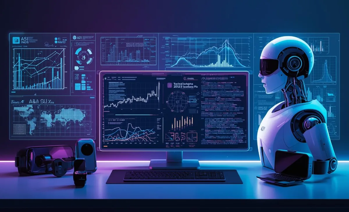 Humanoid AI robot, holographic charts, quantum computing, AR/VR headsets and smart devices in a futuristic neon-lit setup