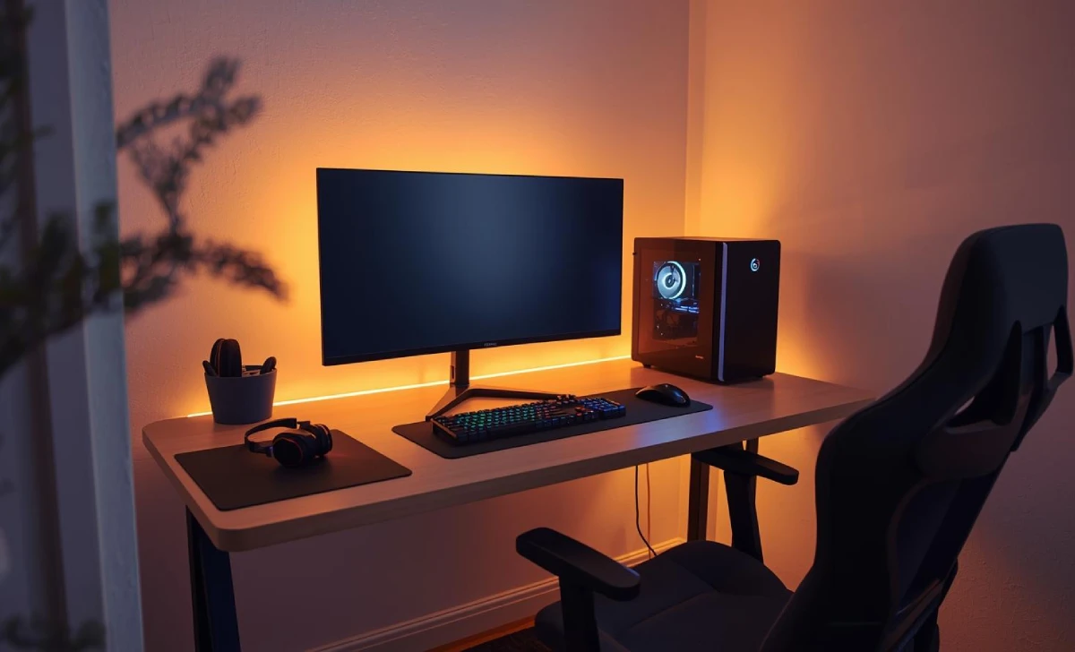 Affordable budget gaming setup with single monitor, compact PC, and ergonomic chair in a cosy room.