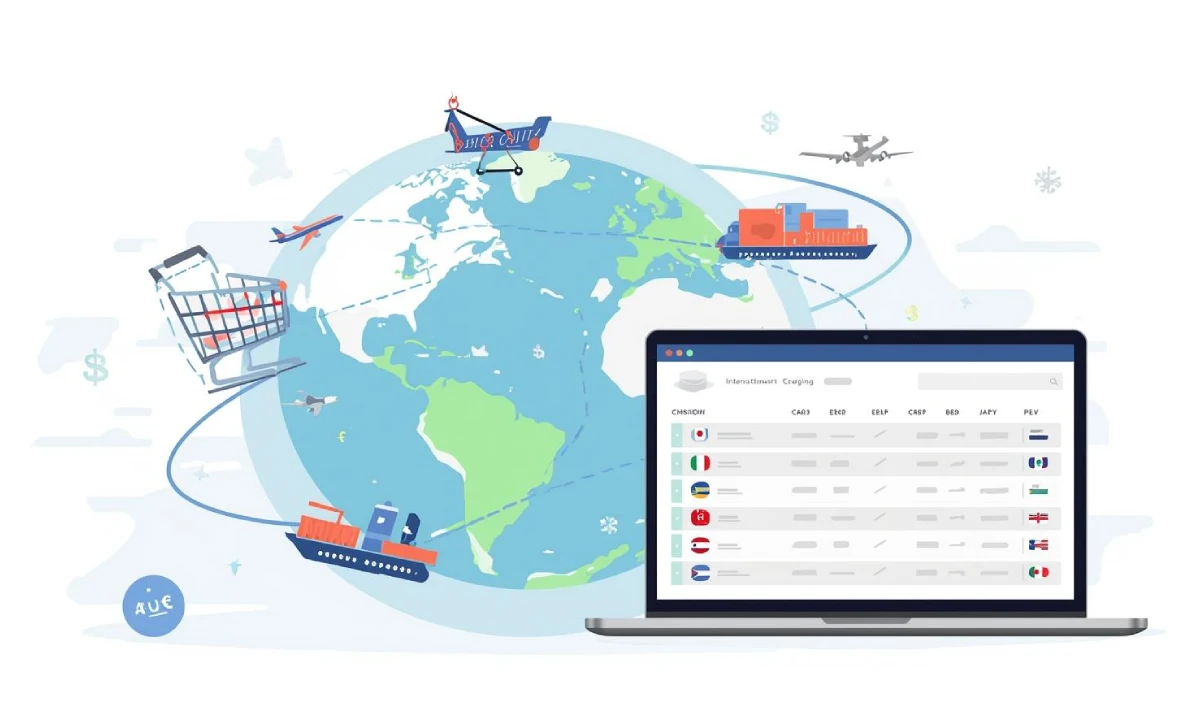 Illustration of a globe with shopping carts, planes, and currency icons showing cross-border ecommerce and international online selling