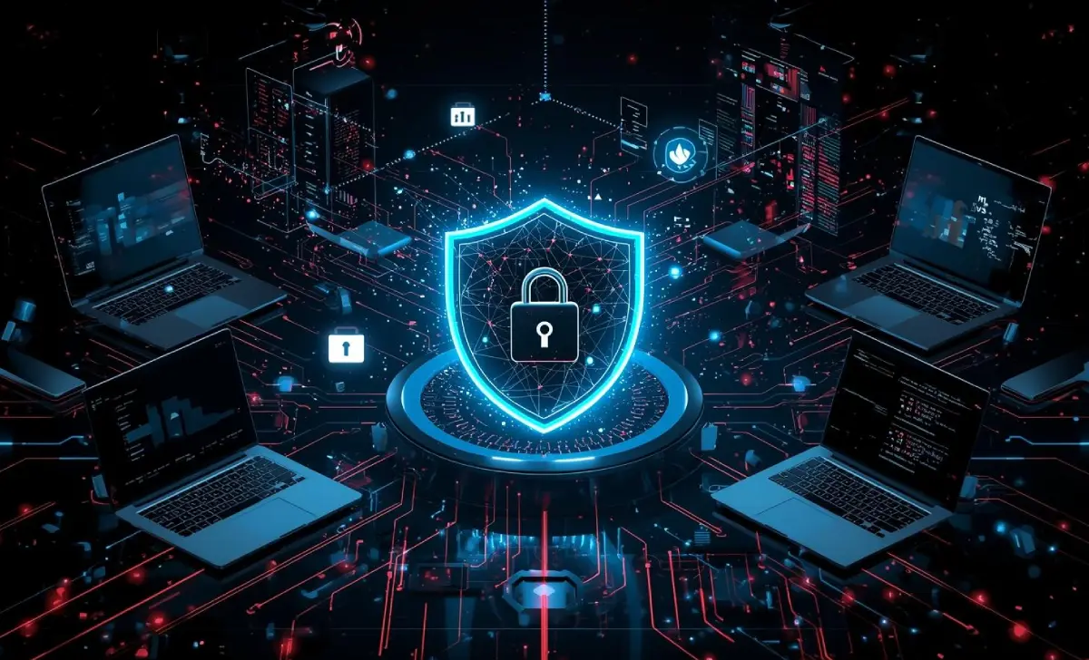 Digital shield, padlock, laptops, smartphones, and servers with AI icons representing cybersecurity threats and protection in 2025.