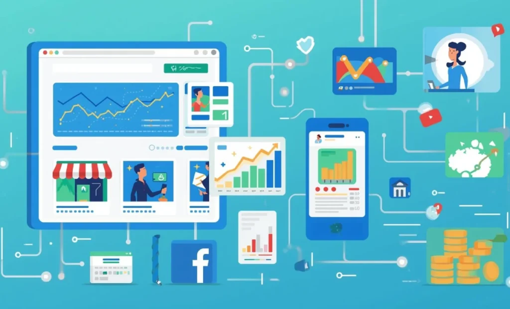 Ecommerce content marketing illustration with online store, social media, and growth charts