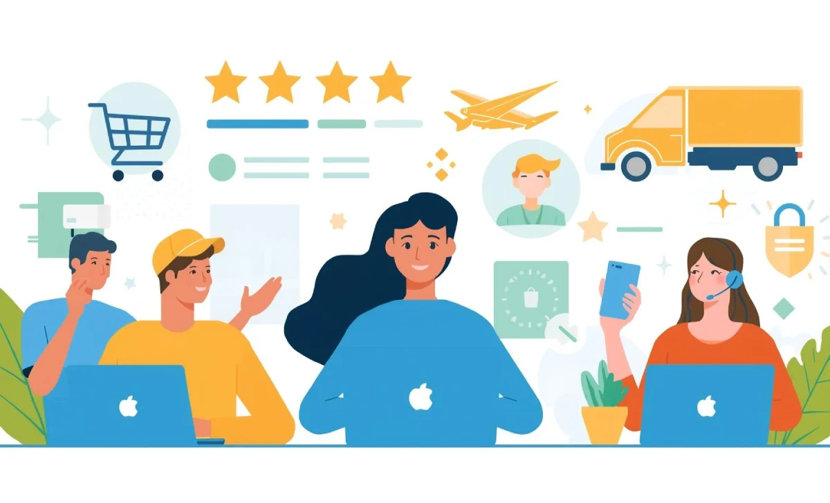 Illustration of happy online shoppers, customer service, fast delivery, and secure payment icons showing positive ecommerce customer experience