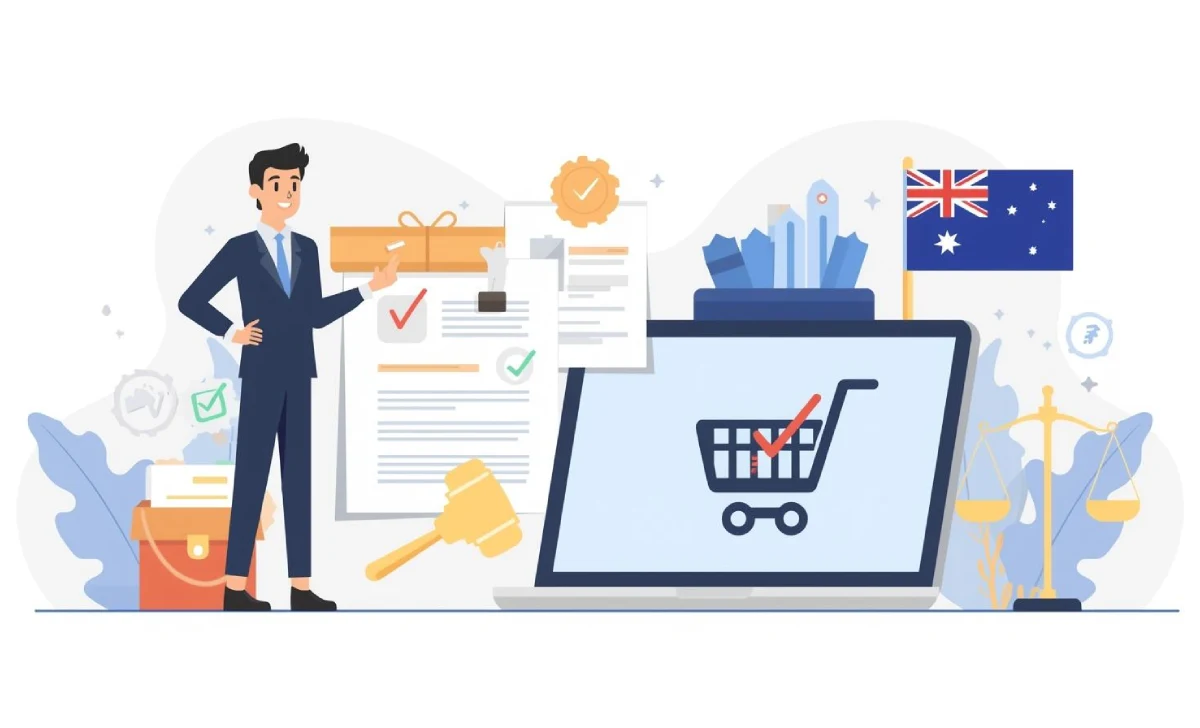Illustration of an Australian ecommerce store with legal documents, GST, gavel, and scales of justice showing online business compliance