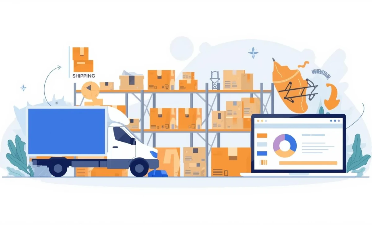 Illustration of ecommerce logistics with a delivery truck, warehouse shelves, and an online order dashboard showing fulfilment and shipping