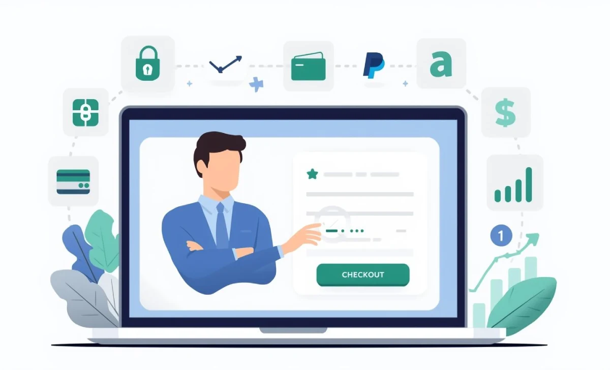 Illustration of an ecommerce checkout page with payment gateway icons like PayPal, Stripe, and Afterpay showing secure online transactions