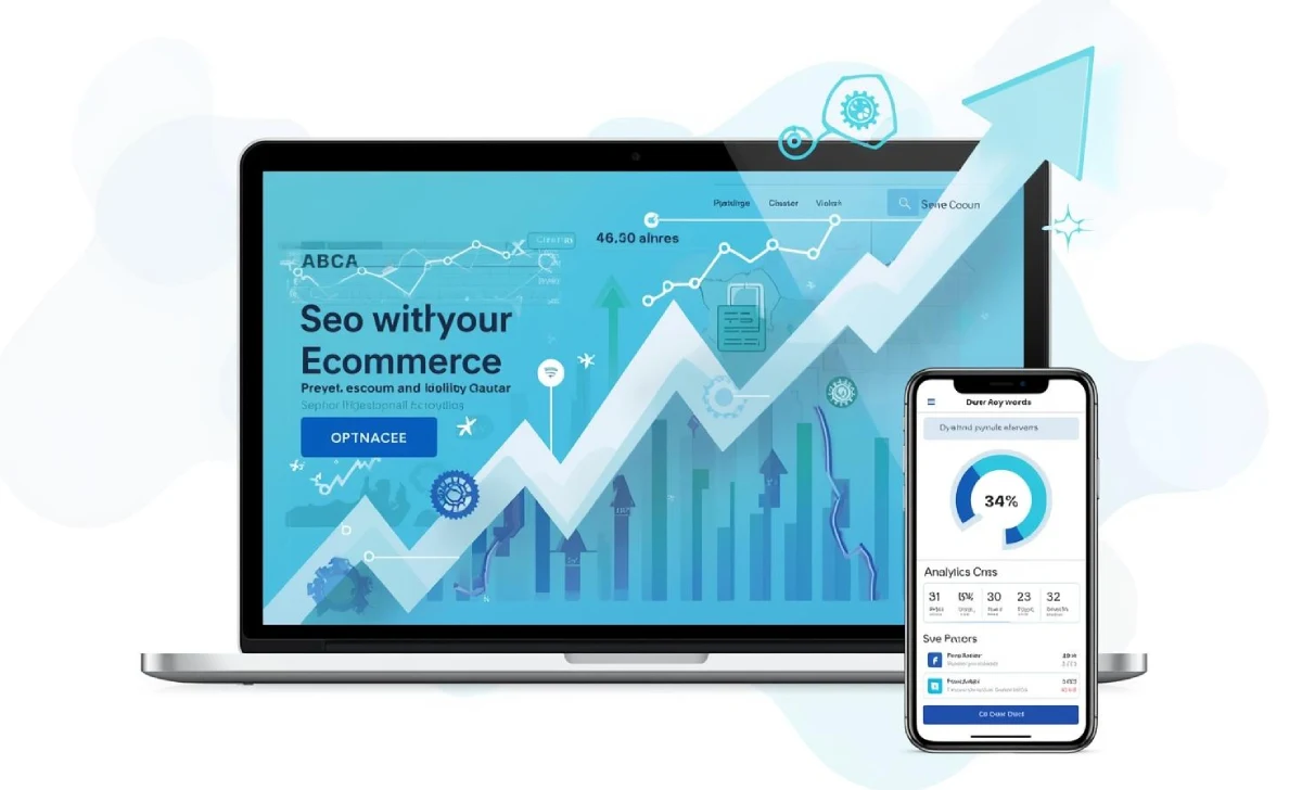 Ecommerce SEO concept with laptop, smartphone, and growth analytics dashboard