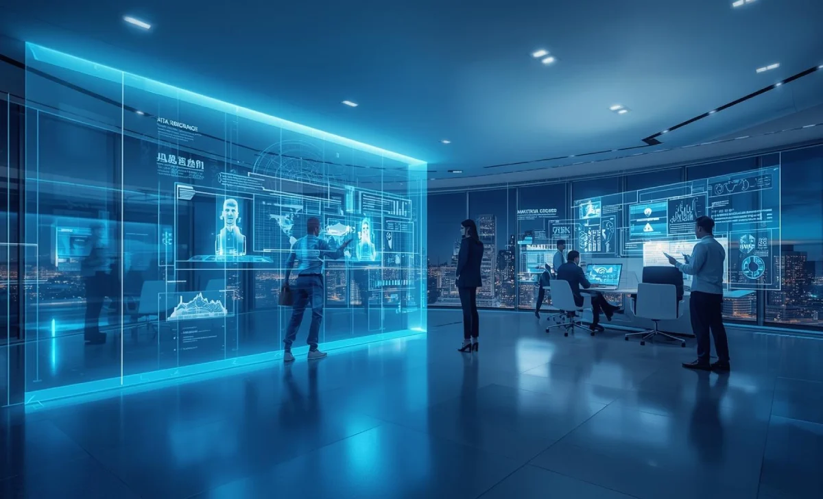 Illustration of AI technology transforming business operations with automation, data insights, and customer personalization in 2025.