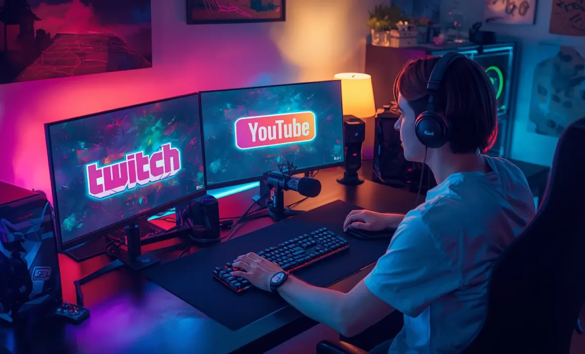 Beginner gamer streaming setup with PC, mic, and dual monitors