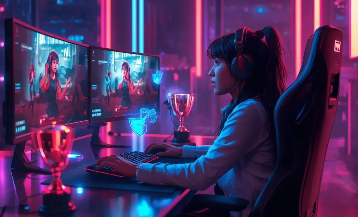Futuristic e-sports gamer at RGB gaming setup with holographic career icons