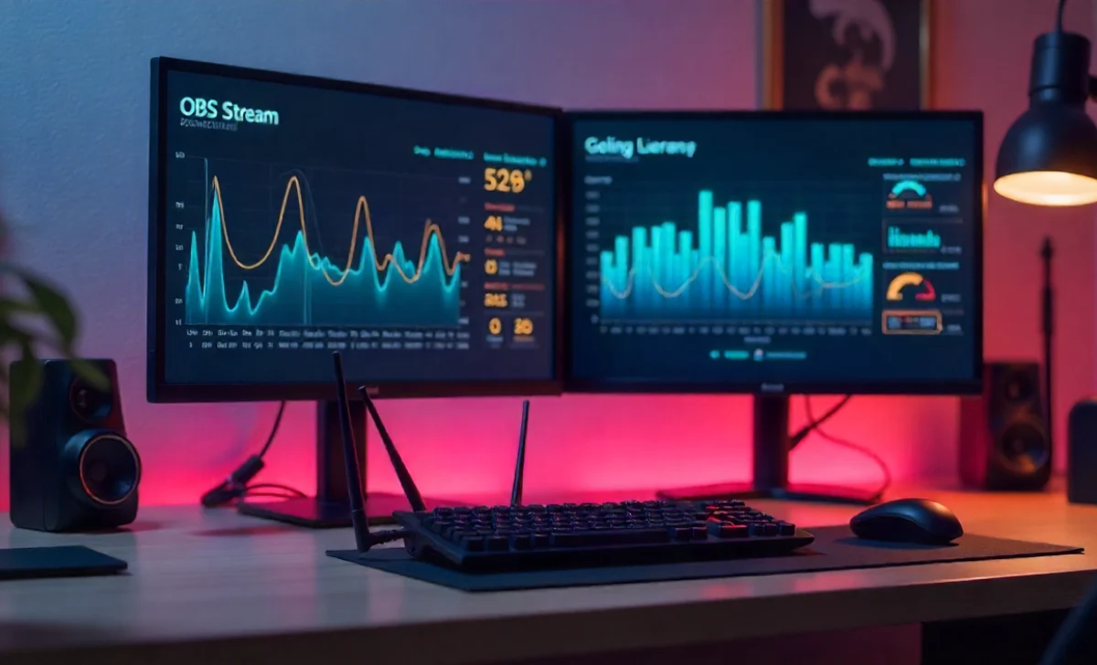 Gaming network and streaming workspace with dual monitors, Wi-Fi 6 router, ethernet cables, and OBS stream preview
