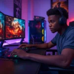 Focused gamer at RGB gaming setup with dual monitors and accessories.