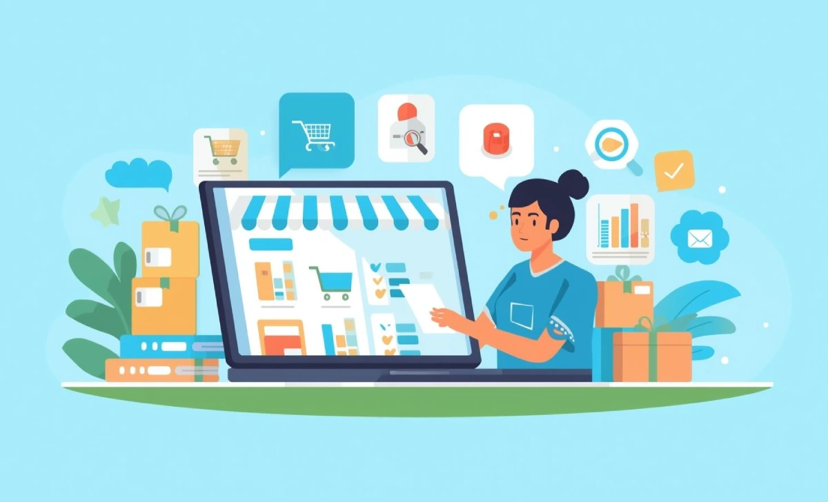 Illustration of launching an ecommerce store with online storefront, packages, shopping carts, and business tool