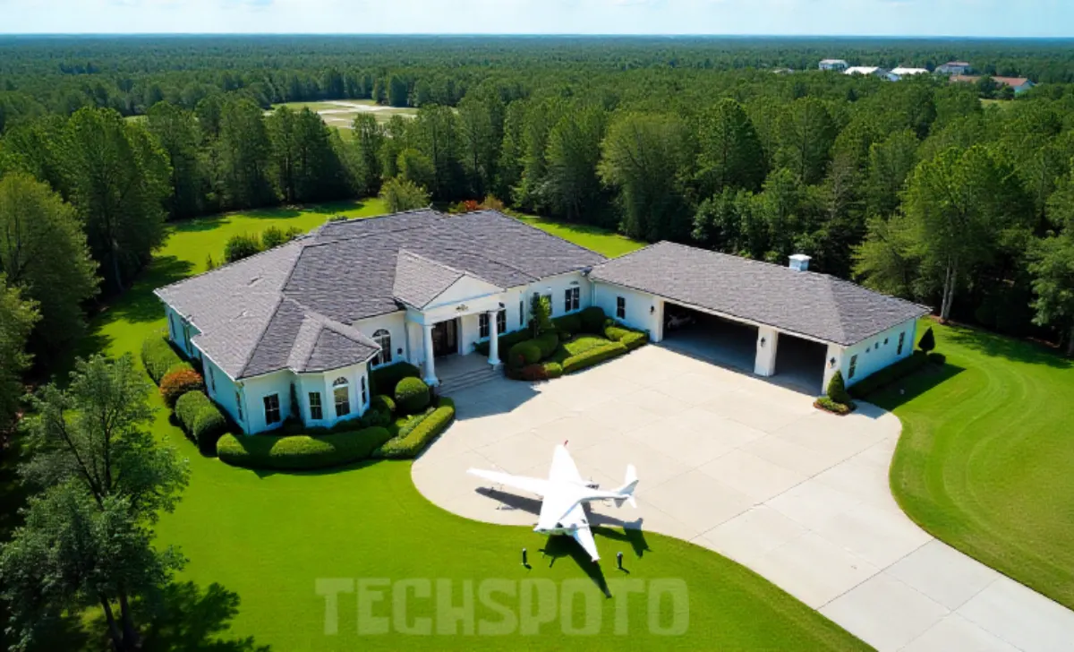 John Travolta’s Ocala Florida house with private runway and aircraft hangar surrounded by greenery