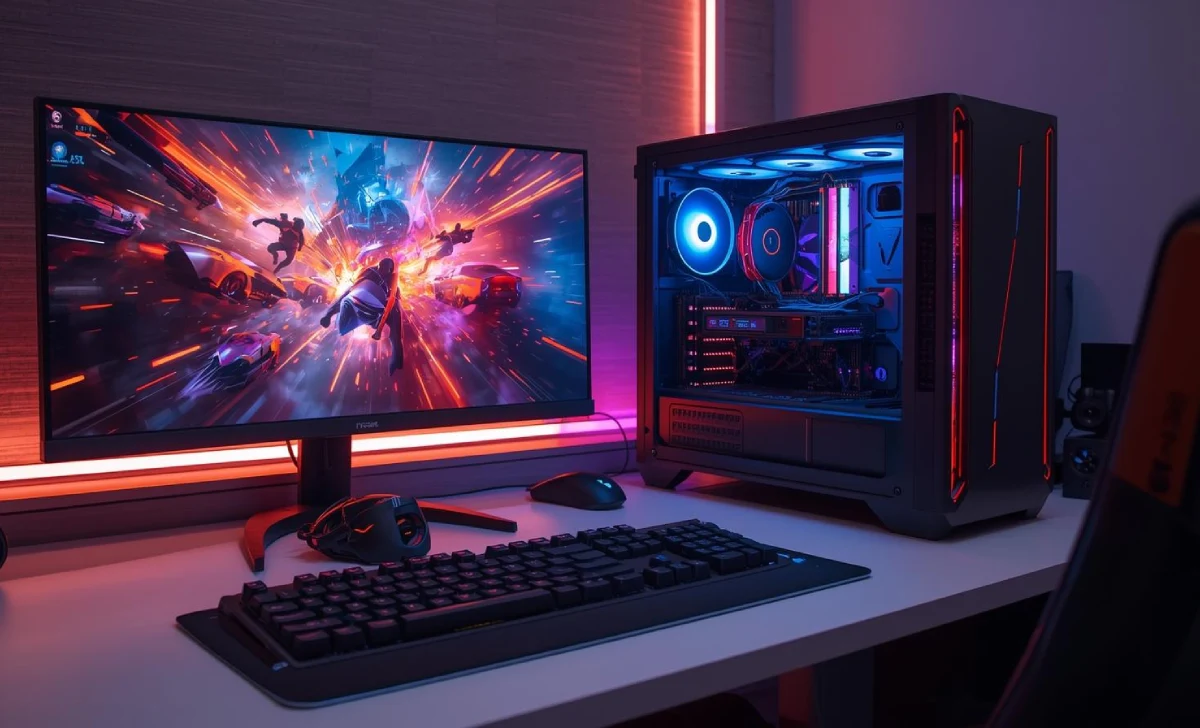 Custom-built gaming PC setup with RGB lights, dual monitors, and gaming accessories on a desk.
