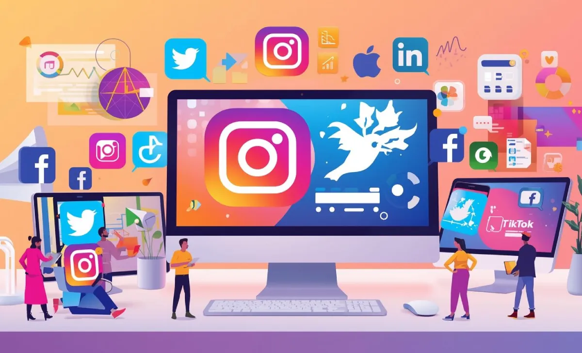 Digital workspace showing multiple social media platforms and engagement analytics