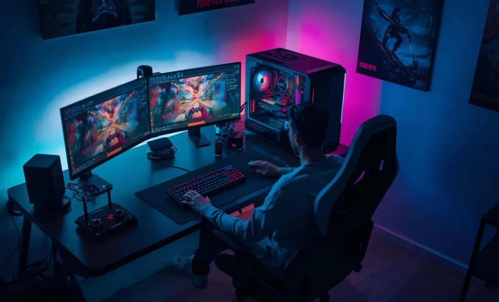 Complete gaming setup with dual monitors, RGB PC, and accessories.