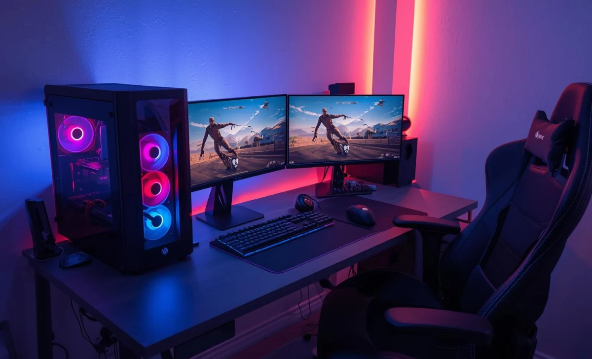 Ultimate gaming setup with RGB PC, dual monitors, and accessories on a modern desk.