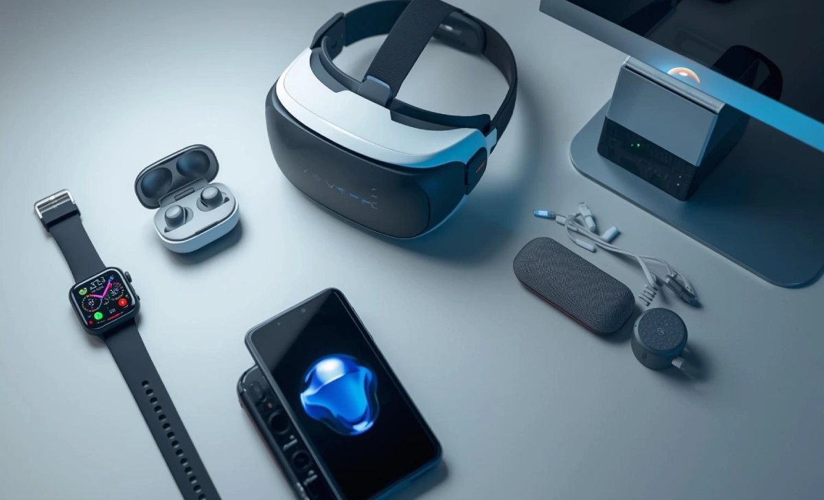 Latest gadgets 2025 including smartwatch, wireless earbuds, VR headset, and smart home devices.