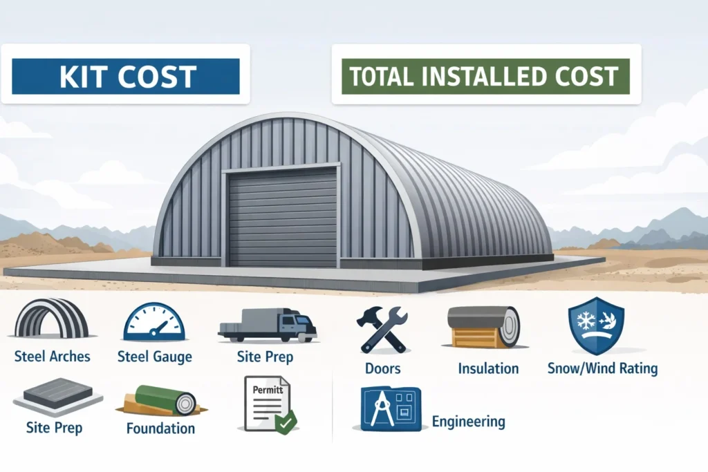 Small and large Quonset kit buildings side by side
