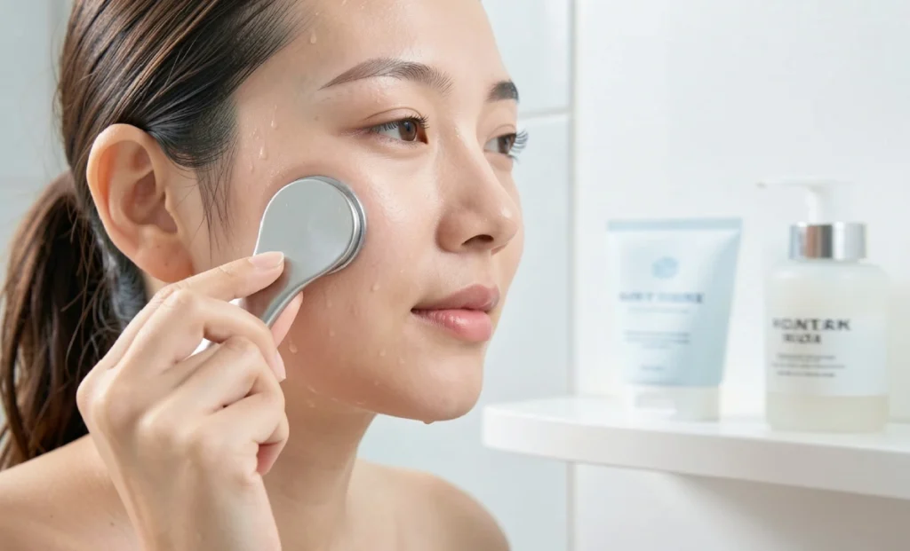 Beginner holding an ultrasonic skin scrubber on damp skin as part of a gentle at-home skincare routine