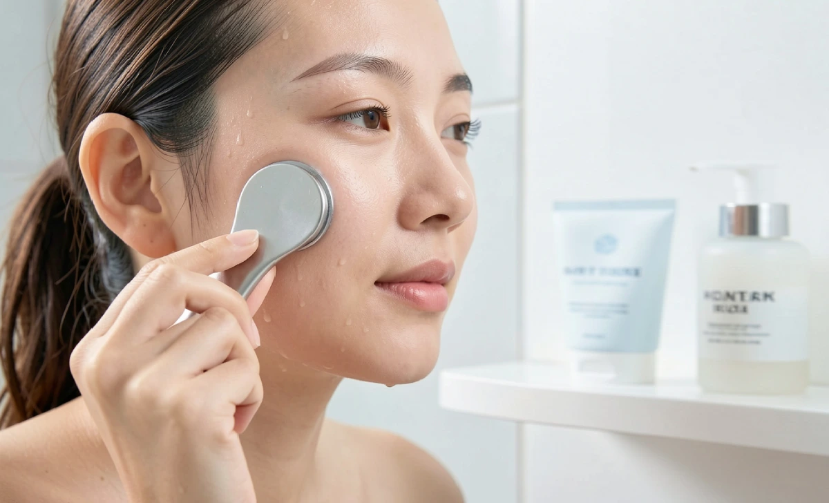 Beginner holding an ultrasonic skin scrubber on damp skin as part of a gentle at-home skincare routine